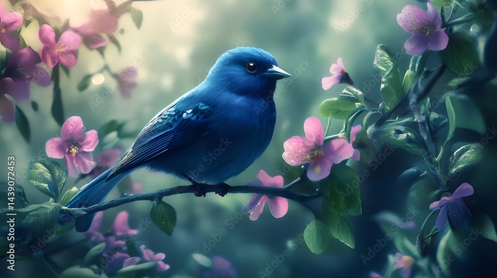 Poster 青い鳥がピンクの花咲く枝に止まり春の庭の美しい背景にいる様子