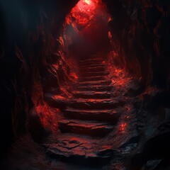 Mysterious red lit stone staircase descent