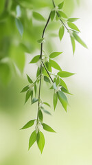 Fototapeta premium Fresh green leaves gently sway breeze, creating serene and calming atmosphere. delicate branches showcase vibrant foliage against soft, blurred background, evoking sense of tranquility and nature