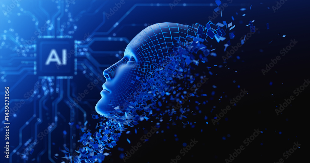 Poster digital face head as symbol of ai with circuit and artificial intelligence chip