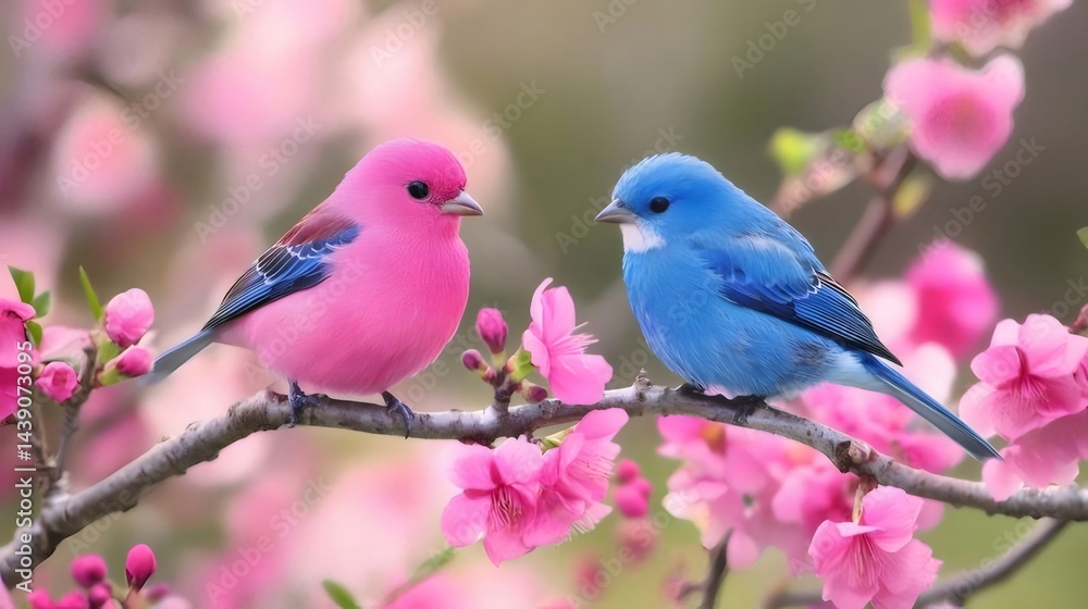 Aufkleber ピンクと青の鳥が桜の枝に止まり 鮮やかなピンク色の花が咲く春のシーン 背景ぼけ