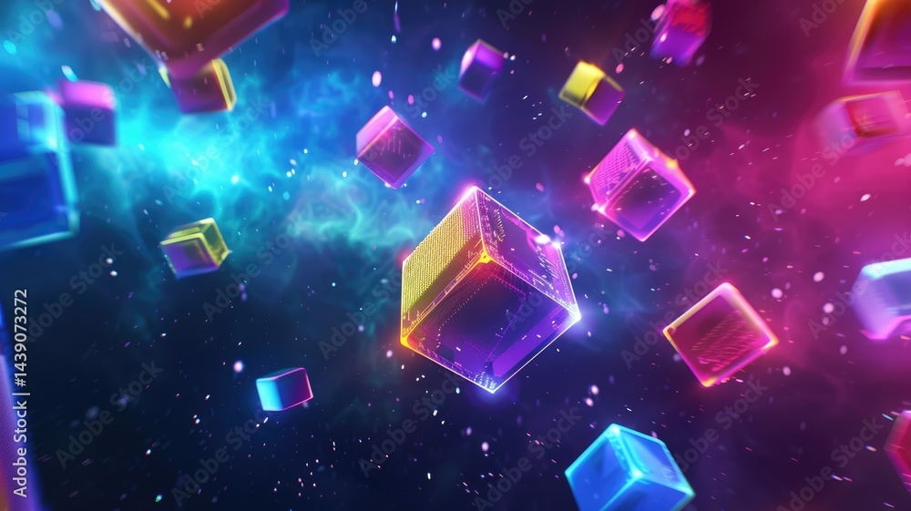 Poster abstract chaotic and energetic of mixed digital style cube object, burst of colorful light pattern i