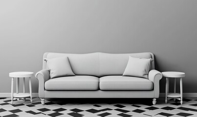 3D render of a modern interior design with a gray sofa and a white marble table on a concrete wall background. Minimalist home decor, a mock-up for presentation.