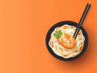 A top-down view of a bowl of ramen noodles with shrimp and chopsticks set against an orange backdrop