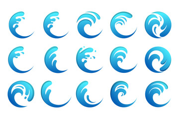 Water wave logo design. Wave shapes collection. Set of sea wave logo in blue . vector illustration
