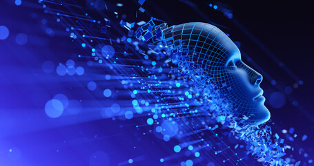 Human Face Avatar with AI Artificial Intelligence and digital grid