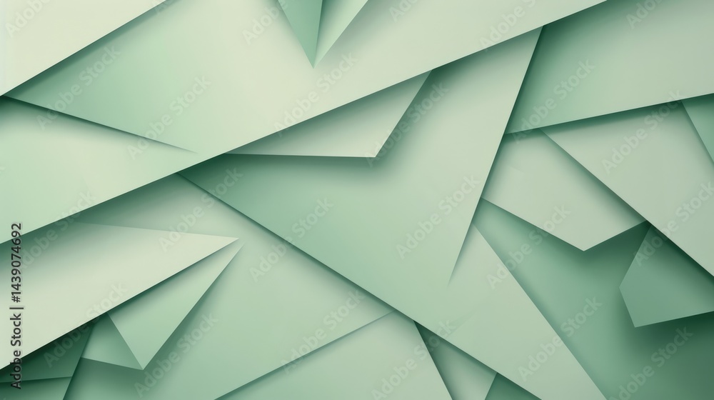 Poster overlapping mint green paper sheets in geometric arrangement. digital artwork of 3d rendering geomet