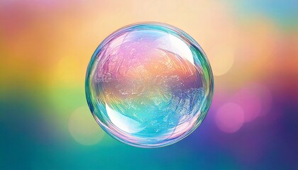 Iridescent soap bubble on pastel multicolored background with firefly effect.