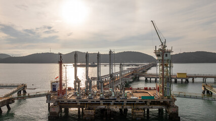 Aerial view industrial offshore oil gas terminal tanker ship, Global energy supply chain marine...