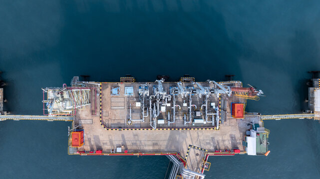 Aerial view industrial offshore oil gas terminal tanker ship, Global energy supply chain marine logistic transportation infrastructure, Oil gas industrial terminal tanker ship energy logistic industry