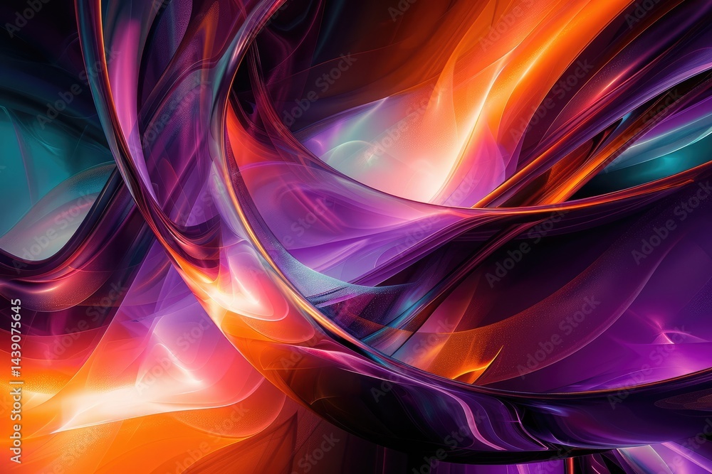 Poster colorful light trails curving in a dark background. vibrant color or multi colored of swirling glowi