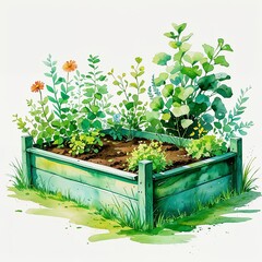 Green raised garden bed watercolor art painting design on plain white background illustration