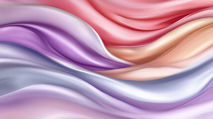 Fototapeta premium Soft, flowing fabric in shades of pink, purple, and cream creates serene and elegant background. gentle waves evoke sense of calm and beauty, perfect for various design projects