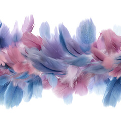 Seamless border of watercolor blue and pink feathers in elegant arrangement, clear background --v 7.0