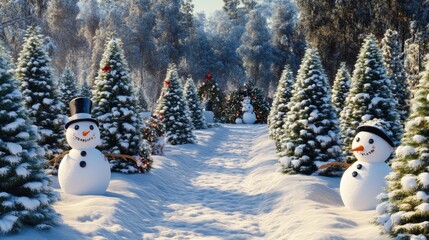 Obraz premium Snowy winter forest path with festive snowmen and Christmas trees.