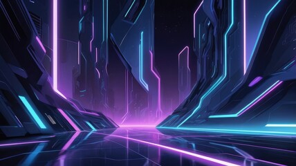 Futuristic abstract landscape with neon lights reflecting on a smooth floor, a modern scene.