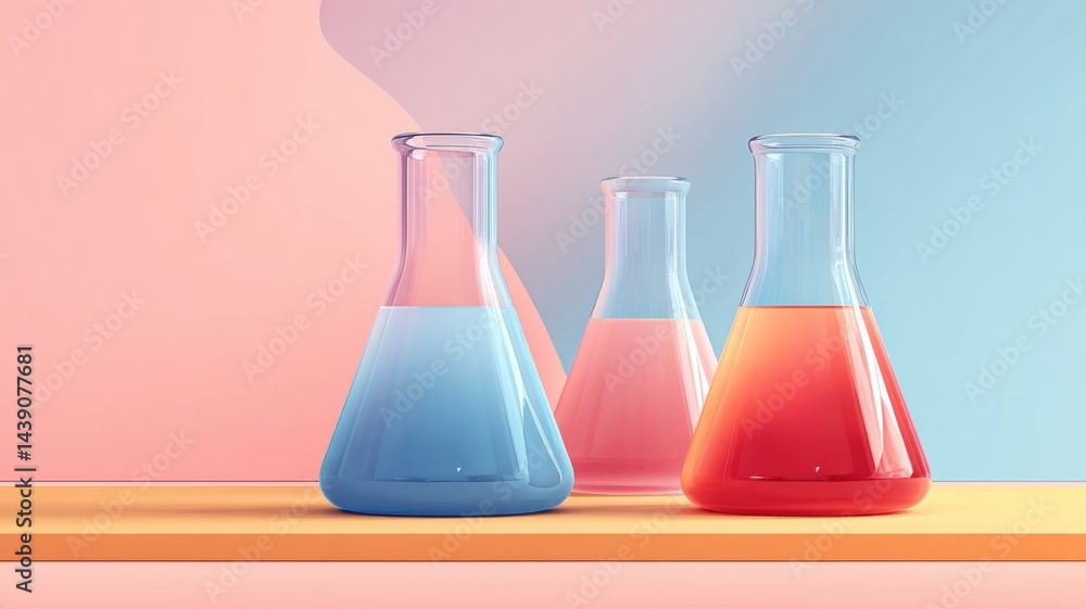 Poster abstract gradient science technology and medical. three colorful laboratory flasks filled with liqui