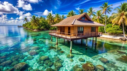 Serene Overwater Bungalow on a Tropical Island Paradise with Crystal Clear Waters and Lush Greenery