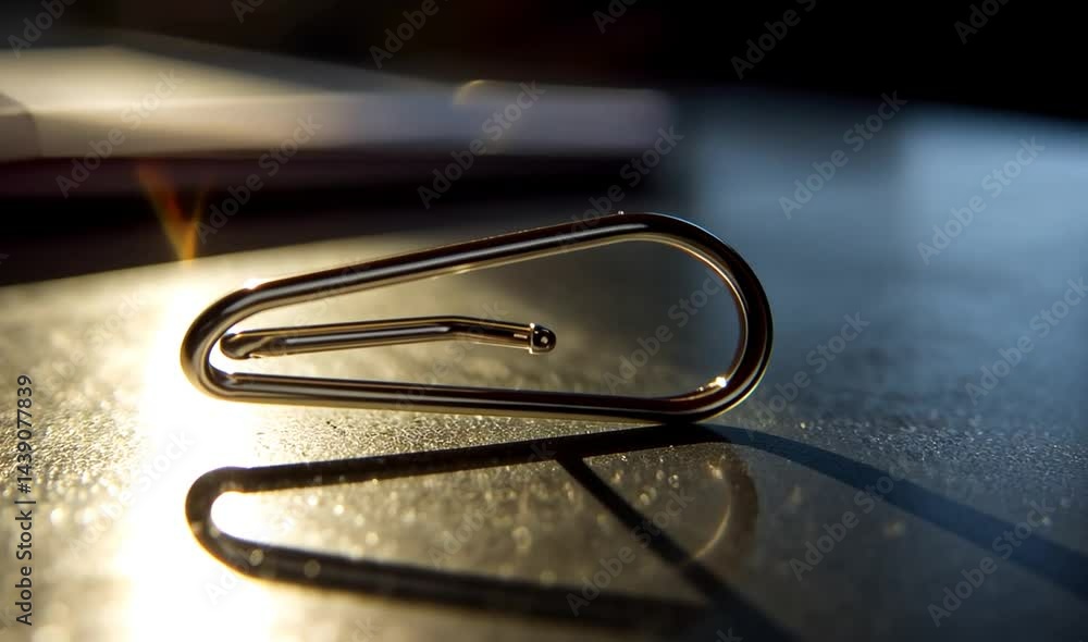 Poster a close-up of a shiny paperclip resting on a reflective surface with soft sunlight illuminating it