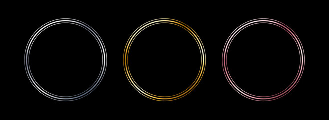 Gold and silver circle thin frame set. Shiny metal foil circle border collection. Golden glowing boarder bundle in art deco style. Linear round element pack for photo, cadre, card, emblem. Vector 