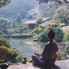 Fototapeta premium A woman is sitting on a ledge overlooking a lake, with a cup of tea in front of her. The scene is peaceful and serene, with the woman enjoying the view and the calming atmosphere
