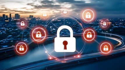 Virtual lock connection concept city skyline digital artwork night aerial view security innovations