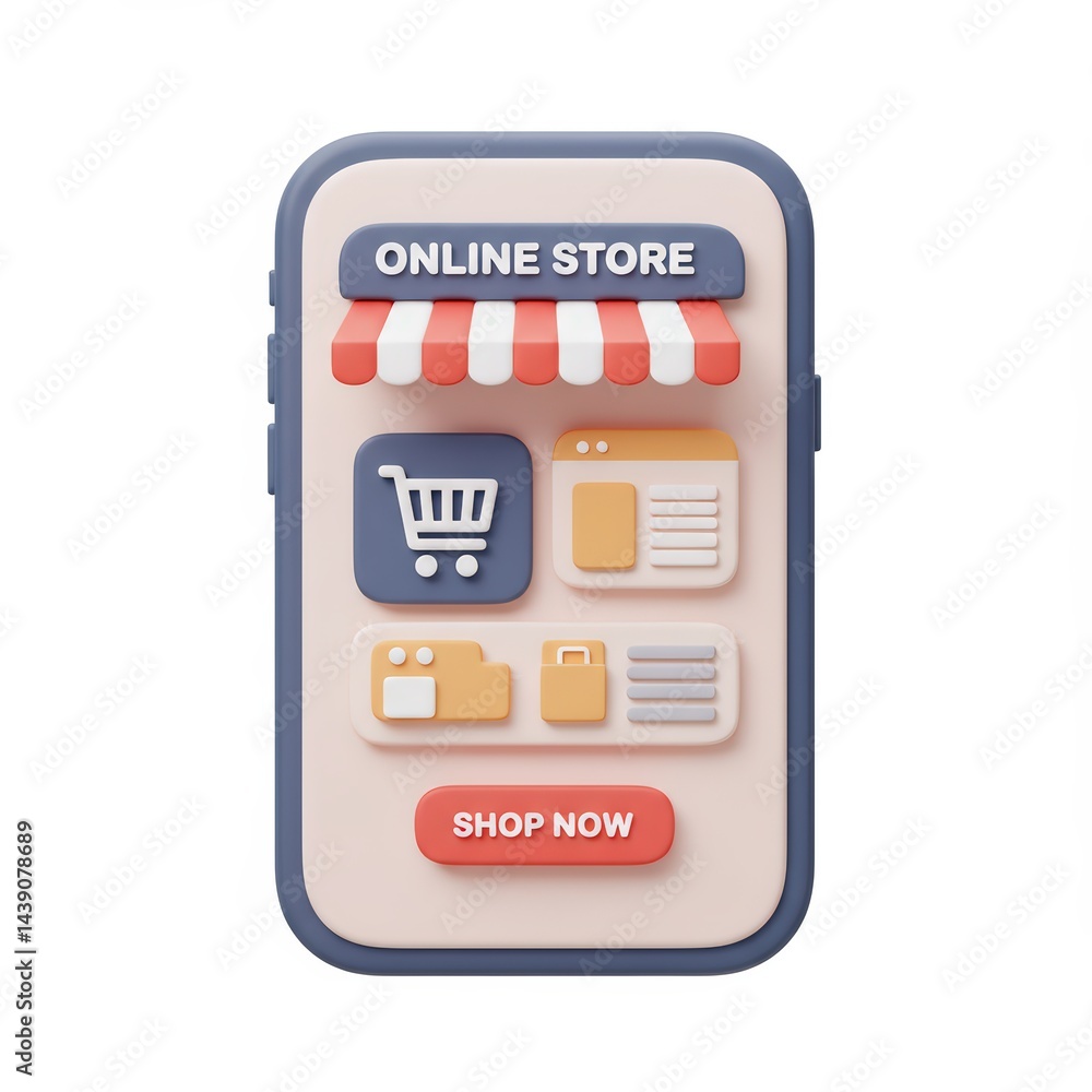 Poster 3d render of mobile online store application interface