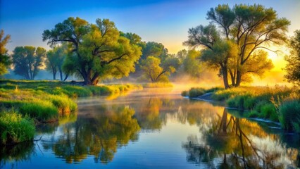 Obraz premium Serene Sunrise Over Calm River, Golden Light Illuminates Lush Greenery and Misty Water Reflections