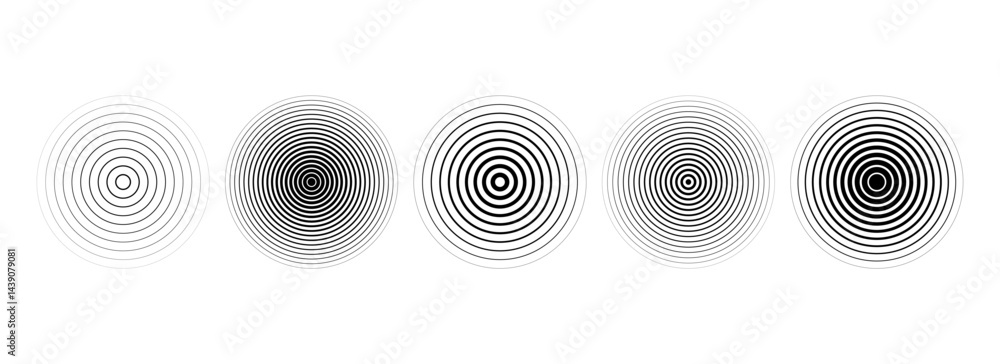 Poster Black linear concentric circle set. Fading round sound wave collection. Epicenter, target, radar, sonar icon concept. Radial radio signal or vibration element pack. Vector striped symbols
