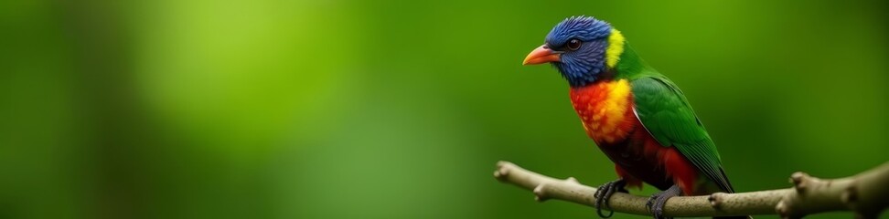 Obraz premium Close up of colorful feathered bird perched on tree branch, colorful feathers, foliage