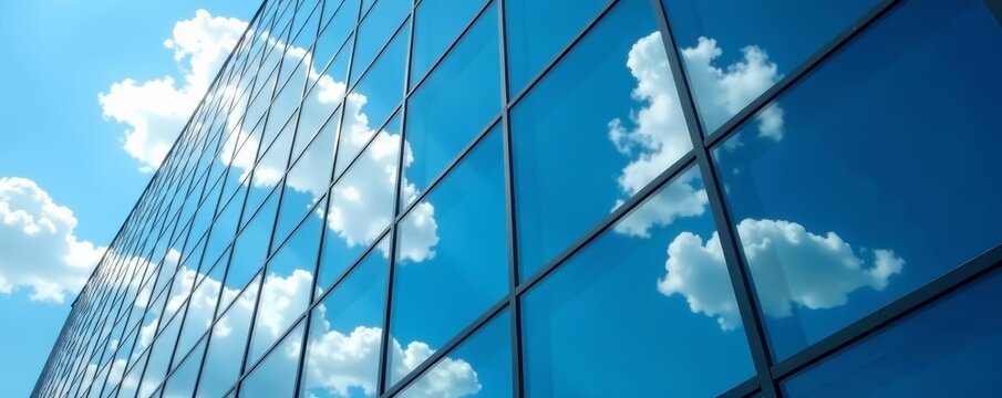 Close up of glass facade of modern office building reflecting blue sky and clouds, contemporary, architecture