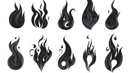 Black flame designs, various shapes, white background, graphic design elements