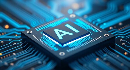 A cinematic macro shot of a powerful AI semiconductor