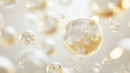 Fototapeta premium Golden oil bubbles float, abstract background, skincare ad