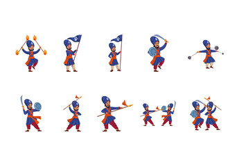 Colorful Traditional Indian Gatka Warriors Illustration Set