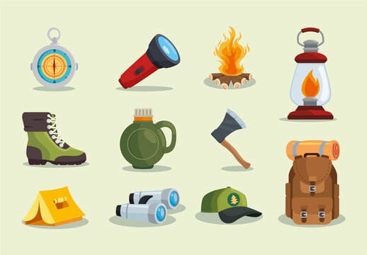 Colorful Camping Equipment Adventure Elements Illustration Set