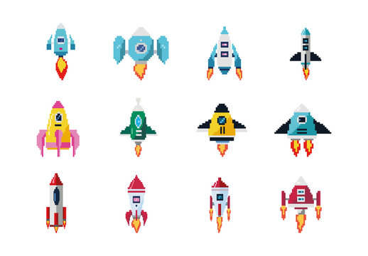 Colorful Retro Pixelated Battleship Game Illustration Set