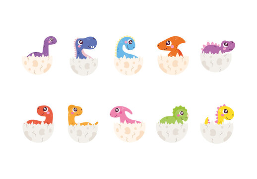 Colorful Cute Dinosaur Baby Hatching Illustration Set