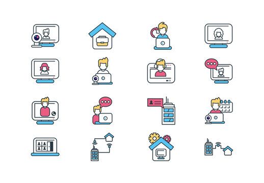 Colorful Hybrid Work Office Setup Icons Set