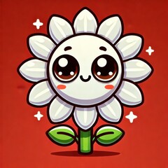 Cute cartoon sunflower with big eyes, white face, white petals. On red background. 