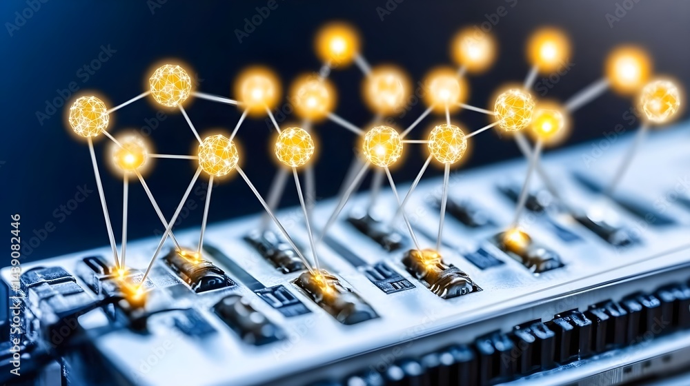Poster glowing crystal network transmitting data futuristic laboratory digital art high-tech environment cl
