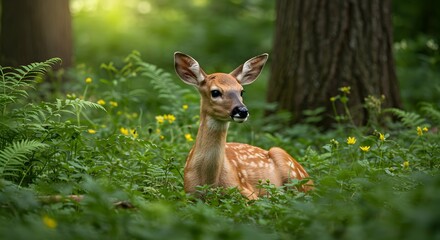 Fawn Resting in Sun-Dappled Forest Meadow