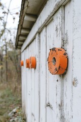 Orange discs affixed to weathered white shed wall