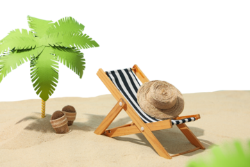 A beach scene featuring a deck chair, palm tree, and straw hat, isolated on white, PNG