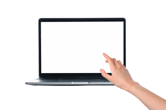User's hand reaching out to touch the screen of a laptop device, isolated on white, PNG