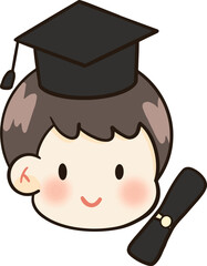 A boy wearing a graduation gown and cap, with a diploma.