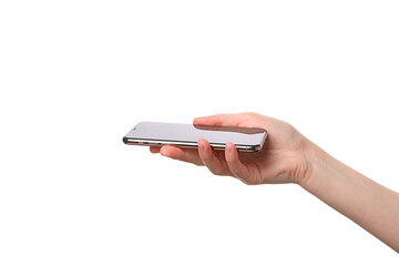 A person is holding a smartphone with a clean, modern look, isolated on white, PNG