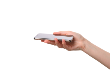 A person is holding a smartphone with a clean, modern look, isolated on white, PNG
