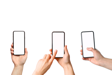 Hands showcase three smartphones with blank displays for use, isolated on white, PNG