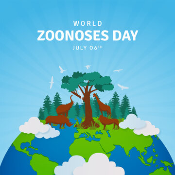 World Zoonoses Day July 06th with animal birds and globe illustration on sun burst background